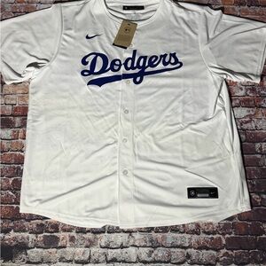 Nike White Dodgers Script Baseball Jersey with Blue Logo